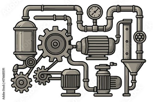 Industrial machinery system with gears, pipes, motor, pressure gauge and valve, mechanical engineering equipment, factory technology vector illustration, industrial process design
