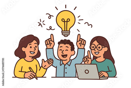 Welcome on board concept illustration with happy diverse team brainstorming and idea sharing in office, collaboration, teamwork, innovation, laptop work, discussion vector cartoon