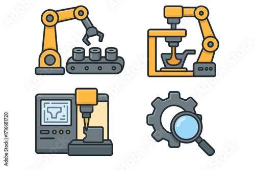 Industrial automation robotics vector set with robotic arm assembling conveyor, 3D printing, CNC milling machine, gear and magnifier concept, manufacturing technology illustration
