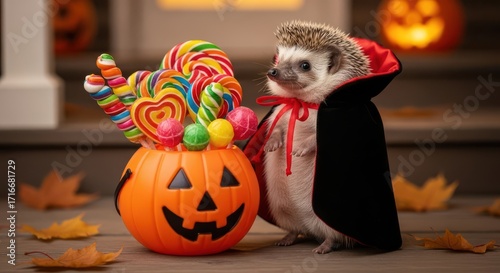 Adorable hedgehog dressed as a vampire with Halloween candy