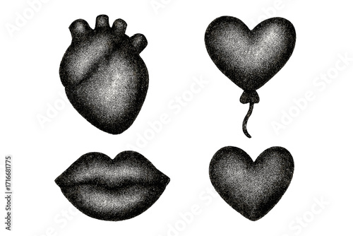 Romantic elements set with retro grain texture. Vector collection with anatomical heart, lips, and balloon. Naive hand drawn illustration with photocopy noise effect. Love.