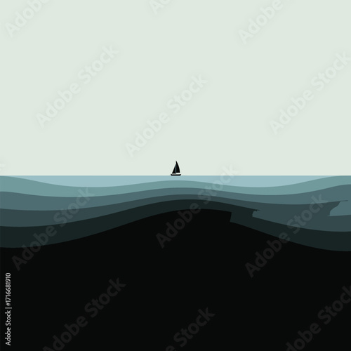 Sailboat Illustration Isolated Vector Art on Ocean Waves with Minimalist Style