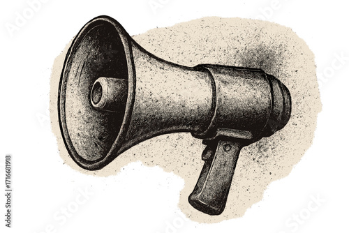 Realistic dotted vector collage grunge loudspeaker with retro style, announcing promotions, vintage megaphone illustration for advertising, marketing, and callout designs