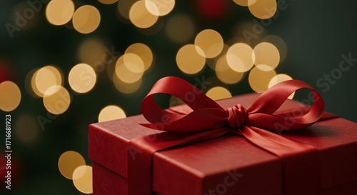 red gift box, Red Gift Box with Ribbon Amid Warm Christmas Lights and Festive Bokeh