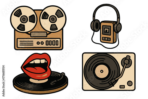 Retro music equipment set with halftone texture, vintage reel-to-reel tape recorder, portable audio player with headphones, singing lips vinyl record turntable, retro sound devices collection