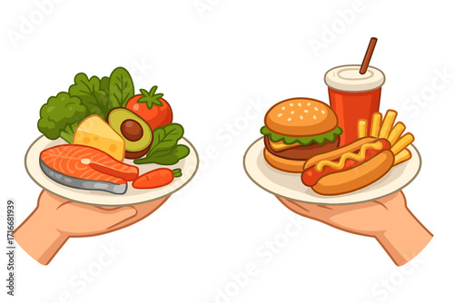 Food choice concept. Hands holding plates with healthy organic meal and unhealthy junk fast food. Diet decision, nutrition comparison. Healthy versus unhealthy lifestyle.