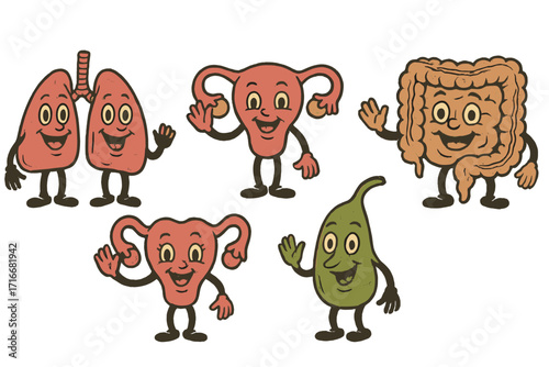 Funny retro cartoon human organs characters. Lungs, kidneys, uterus, gallbladder, intestines mascot set. Vintage comic doodle style vector hand drawn anatomy illustration.