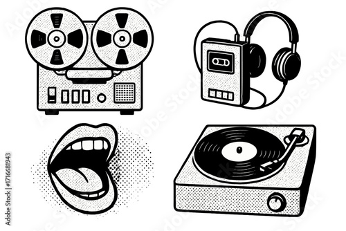 Retro music equipment set with halftone dotted texture. Vintage reel-to-reel tape recorder, audio cassette player with headphones, open mouth singing illustration, vinyl record turntable.