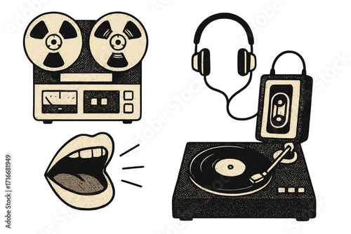 Retro music equipment set with halftone texture, vintage reel-to-reel tape recorder, classic audio player with headphones, singing mouth, vinyl turntable, nostalgic sound elements