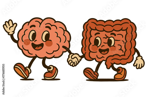 Gut-brain axis connection concept. Cute retro cartoon brain and intestines characters walking together. Psychology, mental and digestive health friends. Groovy 70s mascot.