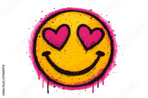 Urban graffiti emoticon with heart eyes. Cute smiling face painted with spray paint. Street art emoji concept. Vector hand drawn grunge illustration with texture and leaks.