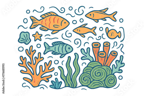 Hand drawn doodle underwater life collection. Colorful vector cartoon illustration of swimming fish, coral reef, seaweed, and marine animals. Cute sea sketch composition.