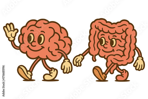 Cute groovy brain and intestines characters walking together. Vector retro mascot illustration. Funny brain and guts friends concept, gut-brain axis, mental and digestive health.