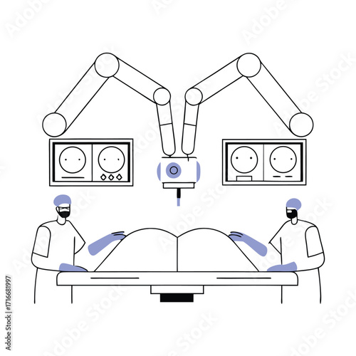 Two surgeons performing robotic surgery in a modern operating room showcasing precision technology a