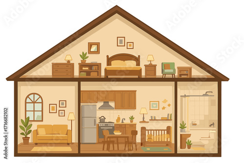 House in a cut. Cross-section view of a detailed cottage interior with furniture. Home floor plan showing living room, kitchen, nursery, bedroom, and bathroom. Flat vector.