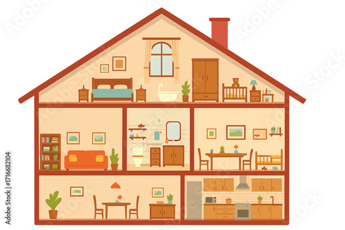 House model from inside. Detailed interior with furniture. Home in cross-section. Cottage cutaway with rooms: living room, kitchen, bedroom, nursery. Flat vector illustration.