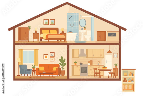 House in cut. Detailed home interior cross-section with living room, kitchen, bedroom, bathroom. Flat vector illustration. Cottage building model with furniture inside.