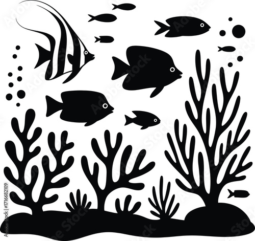 Underwater Sea Life Silhouette Illustration Isolated Vector Art with Coral and Fish