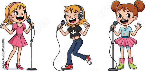 Cartoon girls singing with microphone, cute kids performing music, happy children singers illustration, fun karaoke, joyful performance character art