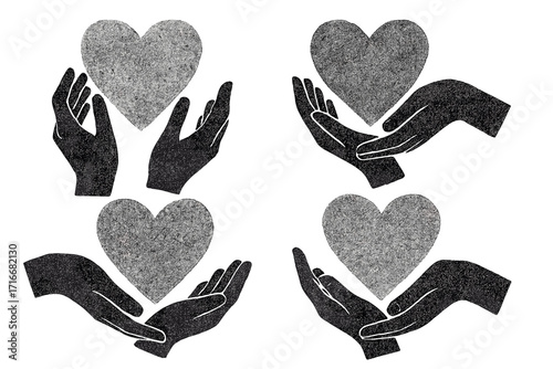 Set of halftone hands holding textured heart shapes. Modern grunge collage style with cut-out paper zine elements. Concept of love, support, help, donation, and Valentine's Day illustration vector
