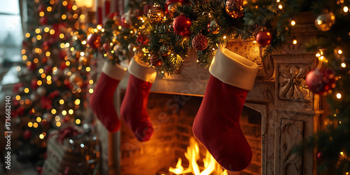 Cozy Holiday Scene with Red Stockings on Decorated Fireplace and Glowing Christmas Lights