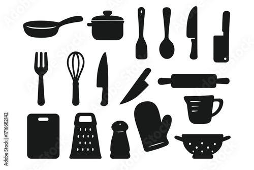 Kitchen utensils silhouette icon set for culinary and cooking design. Vector illustration of various cookware, cutlery, and baking tools. Food preparation graphic elements.