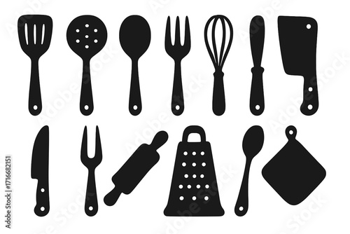 Kitchen utensils icon set in black silhouette style. Vector illustration of culinary tools. Cooking equipment collection with spatula, whisk, knife, grater, spoon, fork. Cookware.
