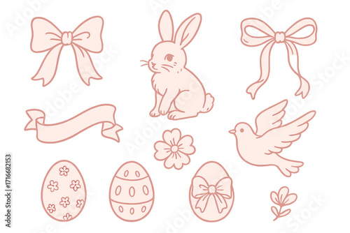 Vintage Easter doodle hand-drawn elements in coquette cottagecore style with cute pink bunny, delicate bows, ribbons, floral accents, flying dove, and decorative eggs for spring celebration