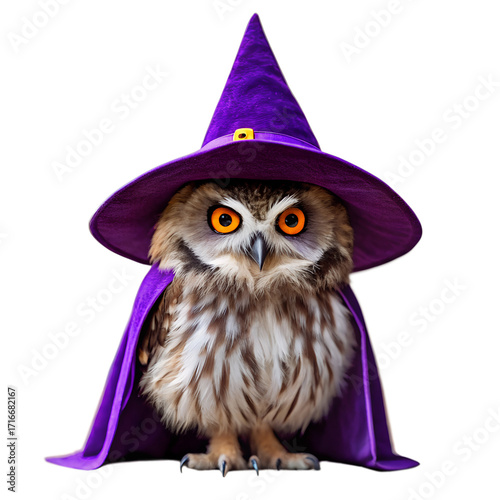 Cute fluffy owl wearing a purple witch hat and cape for halloween isolated on transparent background