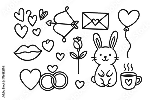 Love theme doodle icon set for Valentine's Day. Hand-drawn romantic clipart collection with hearts, bunny, cupid's arrow, rose, love letter, rings, and lips for design.