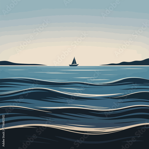 Serene Seascape Illustration Vector Art Isolated with Sailboat on Horizon and Wavy Ocean