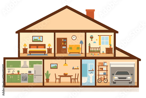 House cross-section detailed interior. Set of rooms with furniture. Cutaway view of a home with living room, kitchen, bathroom, nursery, bedroom, garage. Flat vector illustration.