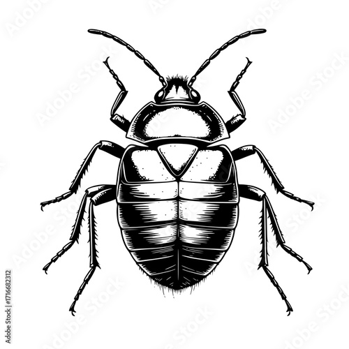 Detailed black and white illustration of a bedbug on white background with copy space