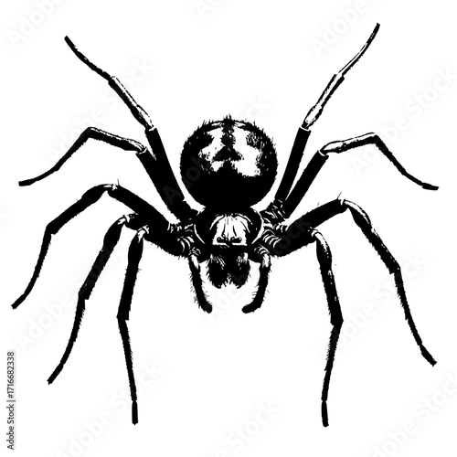 Detailed black and white illustration of a spider on white background with copy space