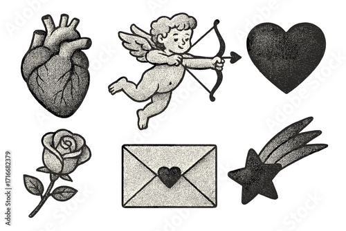 Retro Valentine's Day icon set with stippling texture. Cupid, anatomical heart, rose, love letter elements. Vintage love symbols with grain effect for romantic design.