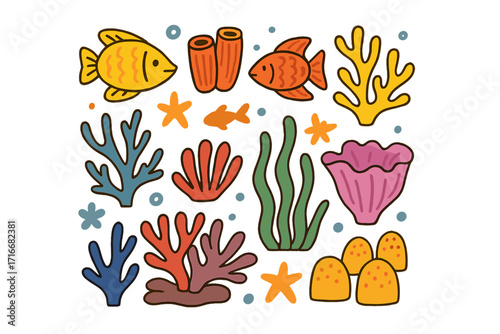 Underwater coral reef sea life doodle set. Hand drawn cartoon fish, corals, seaweed, starfish. Marine biology naive childish icons. Simple flat vector summer elements.