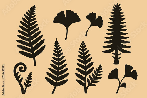 Silhouettes of prehistoric flora ferns ginkgo araucaria fossils ancient plants vintage paper background vector flat illustration botanical collection