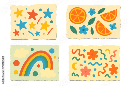 Set of colorful torn paper sheets with playful childish patterns, whimsical star shapes, vibrant orange fruit slices, cheerful rainbow, and abstract floral elements on vintage textured backgrounds