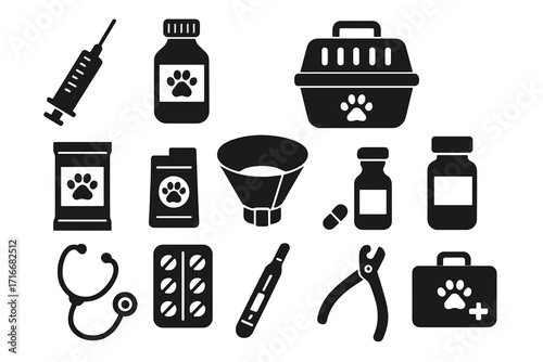Pet healthcare icons set. Veterinary medicine equipment symbols for animal clinic. Dog cat care supplies. Syringe, pills, stethoscope, carrier, cone. Vector silhouette glyphs.