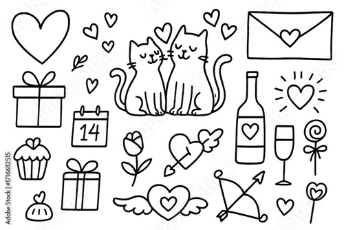 Valentine's Day doodle set. Hand drawn love and romance icons. Cute cats in love, hearts, gifts, cupid's arrow. February 14 theme collection. Vector outline design elements.