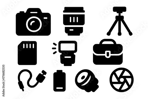 Photography equipment icon set. Vector glyphs of camera, lens, tripod, flash, memory card, battery. Professional digital photo gear kit. Silhouette symbol collection.