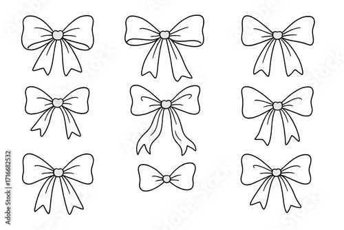 Coquette ribbon bows set. Hand drawn line art of cute bows. Vector illustration clipart for aesthetic design. Girly doodle sketch of ribbons for decoration, isolated.