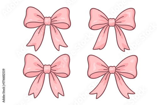 Coquette pink bow set. Girly vintage hair decor collection. Trendy coquettish ribbon for girls. Cute satin accessories for hairstyle. Vector element illustration set.