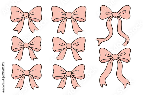 Pink coquette bows set. Girly vintage ribbon collection. Hand drawn doodle vector illustration. Cute feminine aesthetic for hair accessories and decor. Trendy coquettish elements.