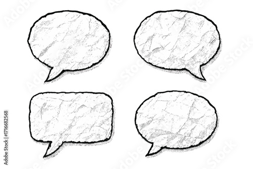 Set of white crumpled paper dialogue balloons with rugged torn edges, gritty dotted texture, halftone shading, jagged torn notebook sheet speech bubbles for comics, communication, conversation designs