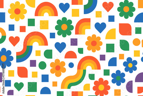 LGBTQIA+ Pride Month groovy seamless pattern. Retro 70s style background with hippie flowers, rainbows, hearts. Abstract geometric shapes for June parade celebration banner.