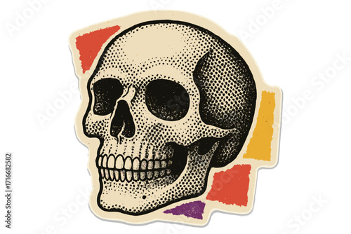 Vintage skull illustration paper sticker in halftone style, Halloween mixed media collage, 90s zine aesthetic, dotted retro vector cartoon with colorful geometric accents
