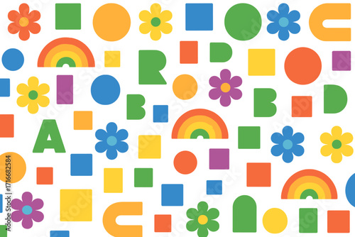 Pride Month groovy seamless pattern. LGBTQ+ community celebration background. Retro 70s geometric shapes, hippie flowers and rainbow colors for June parade banner or card.