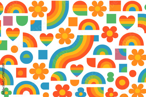 Retro 70s groovy seamless pattern for Pride Month. LGBT June parade background with rainbow hearts, hippie flowers. Abstract geometric vector for banner, card, poster.