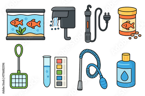 Aquarium equipment icon set for fish care and maintenance. Vector cartoon illustration of fish tank, filter, heater, food, net, water test kit, siphon for a pet shop.